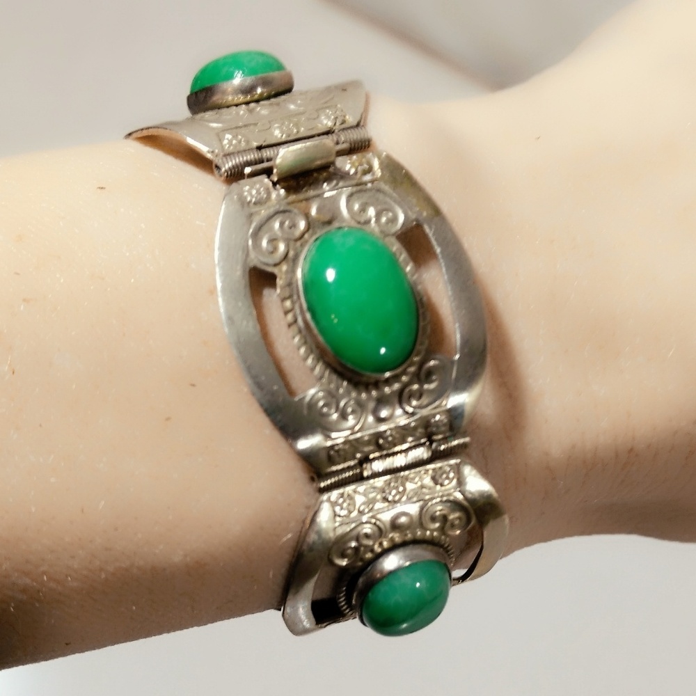 Vintage Taxco Jade Sterling Silver Panel Bracelet